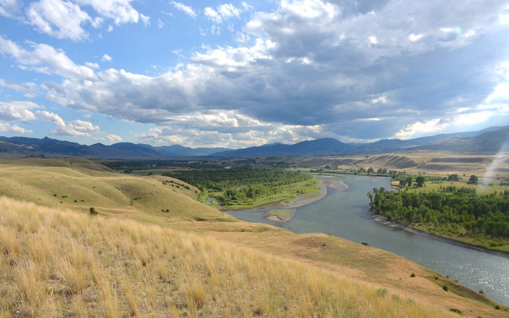 Yellowstone River sweeping through Paradise Valley with mountains in the distance