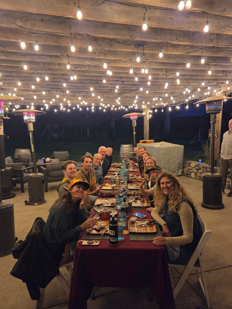 Guests at a long table under string lights