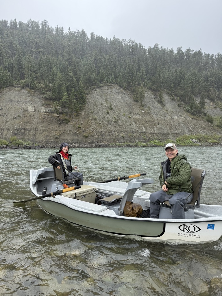 Drift boat on the Yellowstone River in morning mist