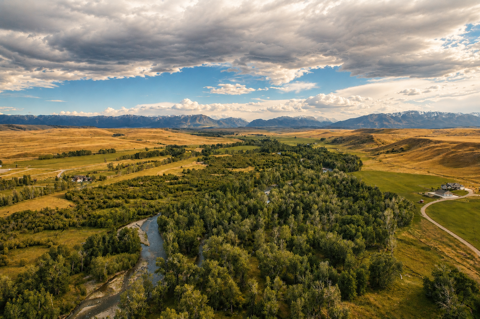 Storm clouds break over golden hills as East Rosebud Creek winds through cottonwoods toward the snow-capped Beartooths